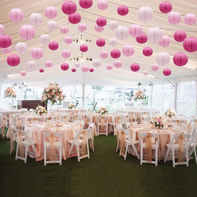 Round Chinese Paper Lanterns Decorative 15pcs Wedding Birthday Party Valentine's Day Baby Showers Decoration (Pink)