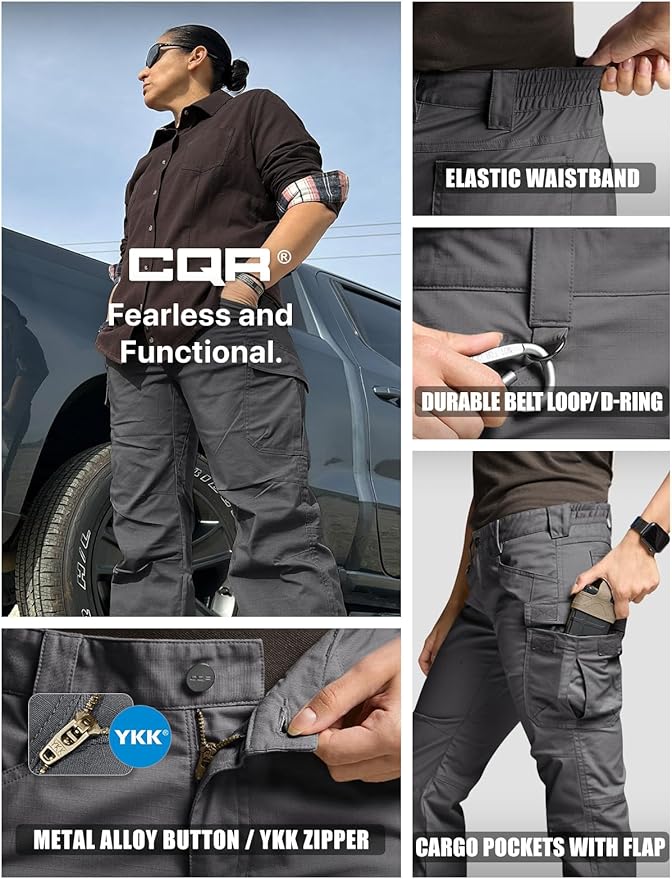 CQR Women's Flex Stretch Tactical Pants, Water Resistant Ripstop Cargo Work Pants with Pockets for Outdoor & Hiking