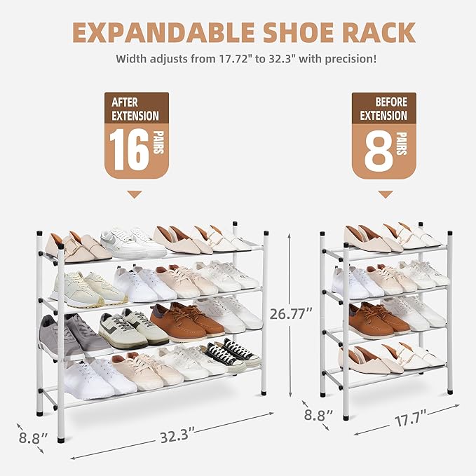STORAGE MANIAC Expandable Shoe Rack, 16 Pairs Stackable Small Shoe Rack, Metal Adjustable Shoes Organizer for Closet, Entryway, Hallway, Garage, Front Door, Shoes Shelves, White 4 Tier