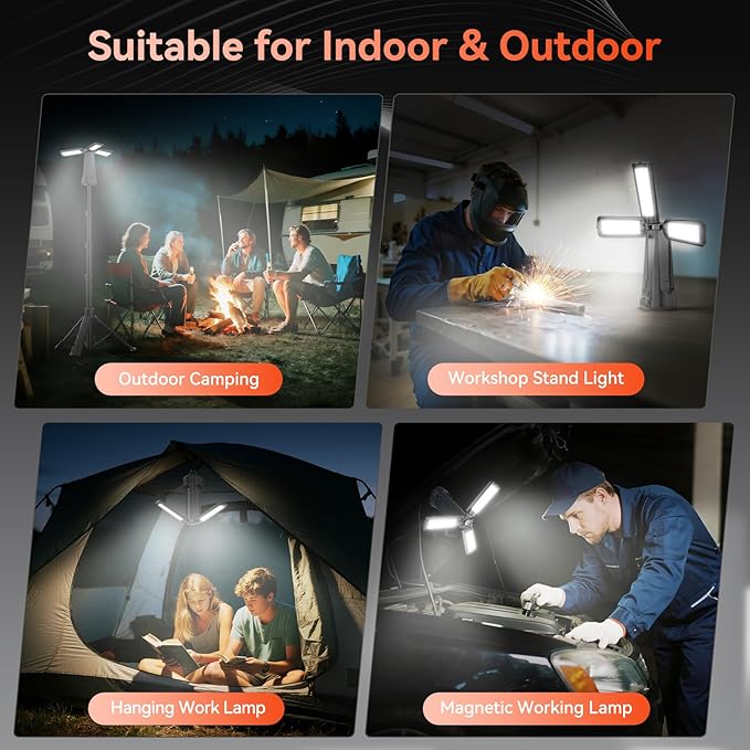 Rechargeable Camping Light with Stand, 15000 mAh Cordless Work Light with 3 LED Lamp Heads, 5500 Lumens Dimmable Camping Essentials Gear Emergency Flashlight with 86" Detachable Tripod, Black