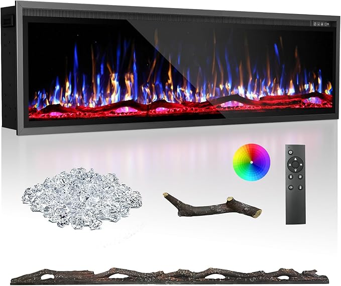 BREEZEHEAT 72 Inch Electric Fireplace-Recessed & Wall Mounted Linear Fireplace-750/1500W Heater w/Temperature Control, Log & Crystal Options, Adjustable Flame, Remote Control