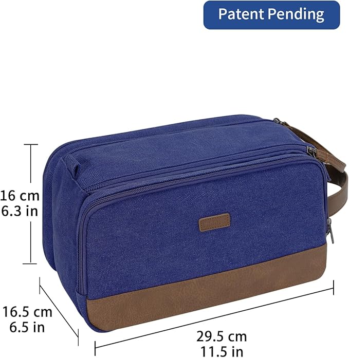WANDF Toiletry Bag for Men Travel Toiletry Organizer Canvas and Leather Dopp Kit Water-Resistant Shaving Bag for Travel Accessories (Blue, Large)
