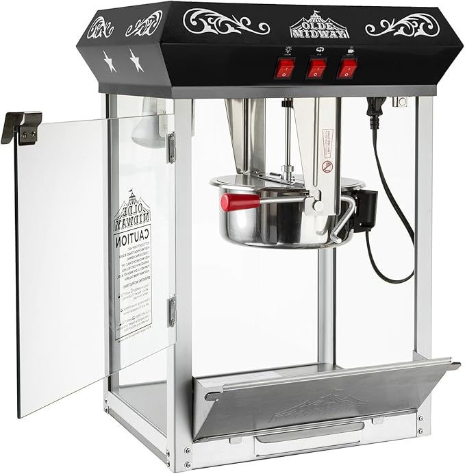 Olde Midway Bar Style Popcorn Machine Maker Popper with 8-Ounce Kettle - Black