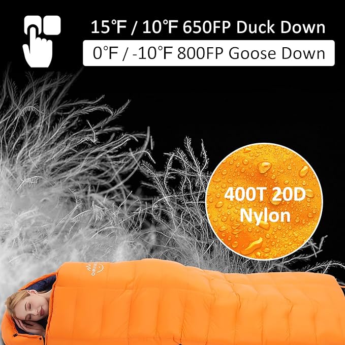 '-10°F 0°F 10°F 15°F Down Sleeping Bag for Adults,800/650 Fill Power,Ultralight Wearable 4 Season Cold Weather Rectangle Sleeping Bag for Camping Hiking,Can be Used as a Down Blanket or Cloak