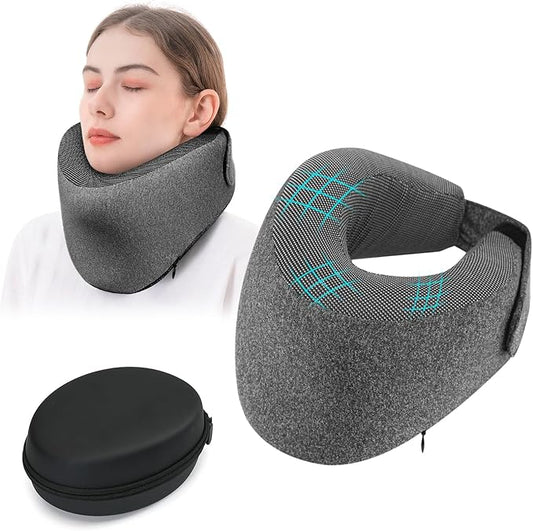 Patented Chin Support Travel Pillow for Sleeping，Innovative Travel Neck Pillows for Airplanes, 100% Pure Memory Foam Airplane Pillow for Long Flight - Dark Grey