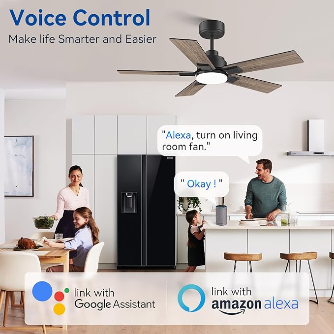 42Inch Smart Ceiling Fan with Lights Remote,APP&Voice Alexa WIFI Controled,Quiet Reversible DC Motor,Dimmable LED,Indoor Outdoor,Small Modern Ceiling Fan,for Bedroom Patio Porch,Black&Walnut