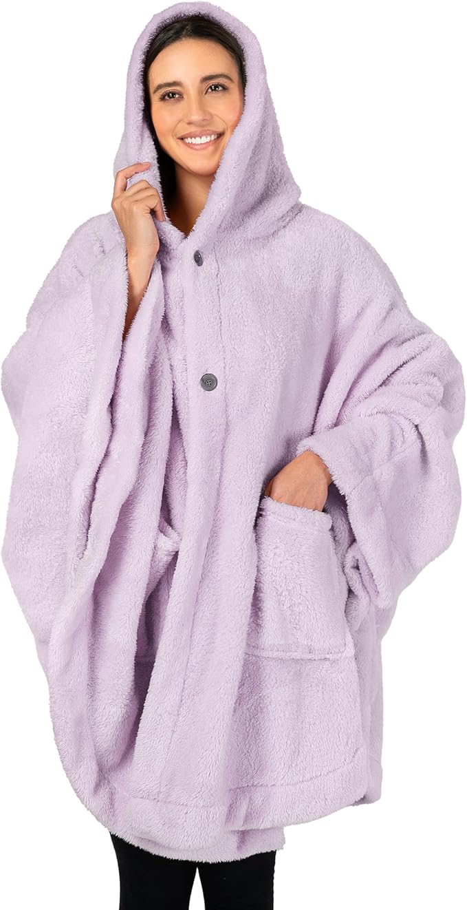 PAVILIA Angel Wrap Hooded Blanket Poncho, Wearable Blanket Throw Wrap Poncho for Women Adult, Cozy Fluffy Sherpa Fleece Shawl Cape with Hood pockets, Warm Gift for Mom Wife, Lavender Purple