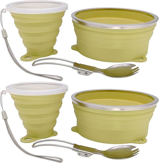 Mess Kit for Camping Silicone Collapsible Bowl Collapsible Cup and Stainless Steel Spoon for Backpacking Outdoor Hiking Traveling and Picnic - 2 Pack
