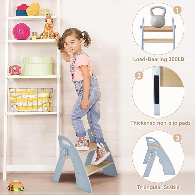 Wooden 2 Step Stool for Kids Bathroom Sink Foldable Anti-Slip 2-Step for Toilet Potty Training, Child Stepping Stool for Kitchen Nursery Bedroom, Sturdy Non Slip Adult Stool for Closet Blue