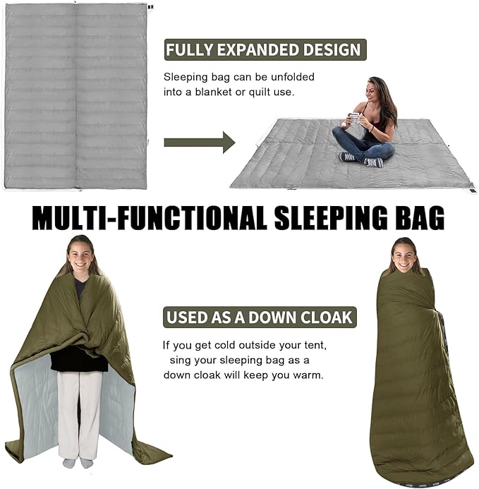 Down Sleeping Bag for Adults, Ultralight Wearable Sleeping Bag for Backpacking, Can Be Used as a Blanket or Mat