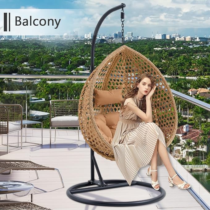 JUFU Egg Swing Chair with Stand,Hanging Egg Chair Indoor Outdoor,Hammock Hanging Basket Chair with Aluminum Steel Frame，Patio Egg Chair with Removable Cushions for Patio Balcony Backyard,Bedrooms