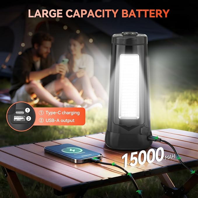 Rechargeable Camping Light with Stand, 15000 mAh Cordless Work Light with 3 LED Lamp Heads, 5500 Lumens Dimmable Camping Essentials Gear Emergency Flashlight with 86" Detachable Tripod, Black