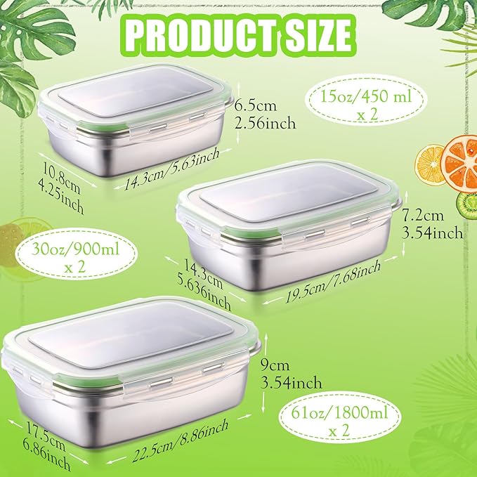 Nuanchu 6 Packs Stainless Steel Food Storage Containers Airtight Metal Food Containers Meal Prep Container Leak Proof Stackable Bento Lunch Box with Lids for Kitchen Travel Picnic and Camping(Green)