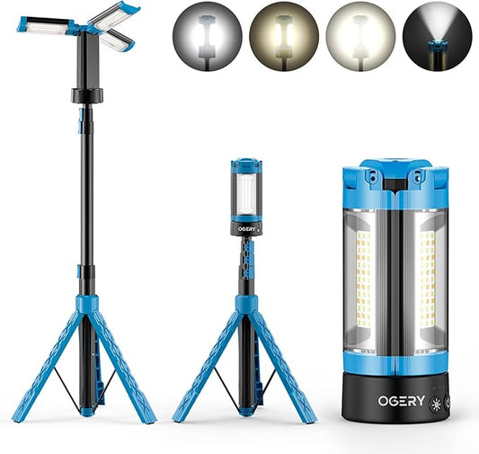OGERY Rechargeable 10000mAh Camping Light with Stand 6.5 ft Max Height, Cordless Work Light with 3 LED Lamp Heads, 2200 Lumens Camping Essentials Gear Emergency Flashlight with Detachable Tripod