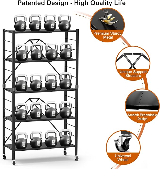 5 Tier Foldable Storage Shelves, Expandable Folding Shelving Units with Wheels, Changeable into 2 Shelf Units, Collapsible Adjustable Storage Rack Metal Shelves for Storage, Pantry, Garage, Kitchen