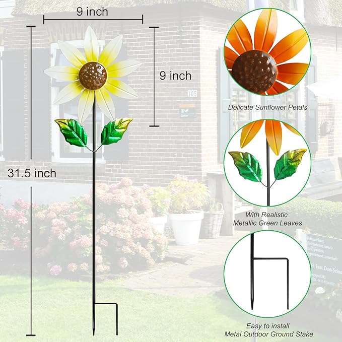 2 Pack Metal Wind Spinners for Outdoor Decor - Garden Windmill Sculptures, Yard Art for Patio Lawn - Vibrant White Daisies & Orange Sunflowers Metal Spinners for Garden Decorations