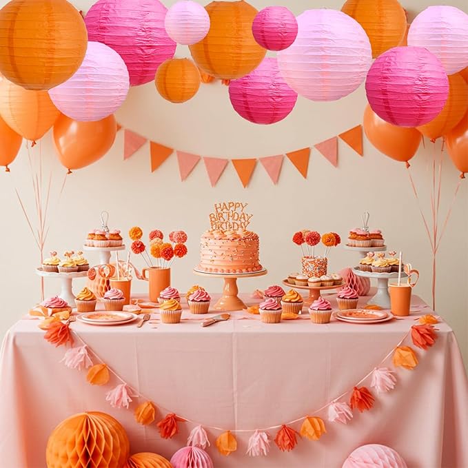 BEISHIDA 12Pcs Pink Orange Paper Lanterns Decorative Hanging Round Paper Lanterns Lamp for Birthday, Wedding,Bridal,Home Decor,Outdoor Decoration,Party Decoration