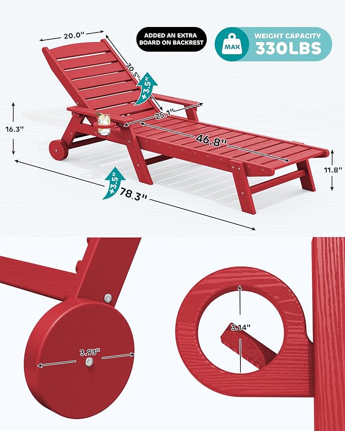 SERWALL Patio Chaise Lounge Chair, 78'' Long HDPE Outdoor Lounge Chair 5 Positions Adjustable Outdoor Lounger, Poly Lounge Chair with Rolling Wheels & Cup Holder for Pool, Bright Red