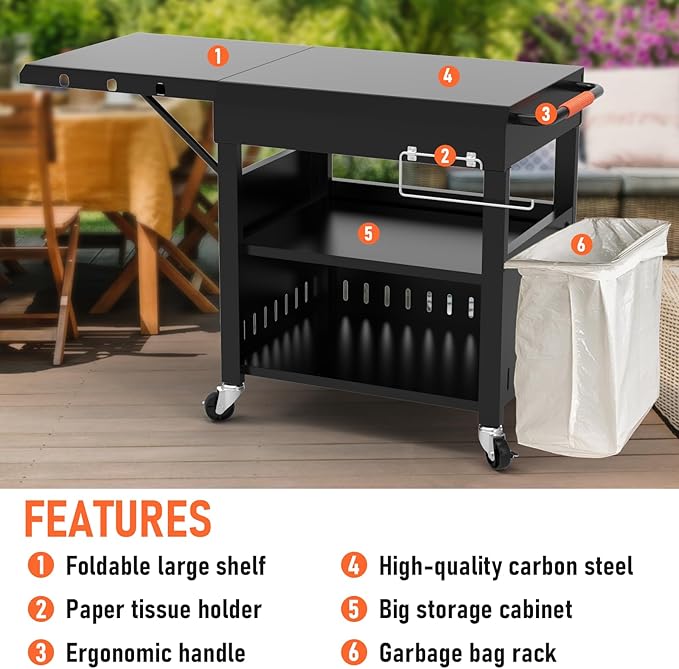 Outdoor Grill Table Cart for Blackstone 28"/36" Omnivore Griddle, 50" x 22“ Large Prep Station Grill Stand with Foldable Side Table for Blackstone 17”/22” Griddle, Ninja Woodfire, Ooni Pizza Oven