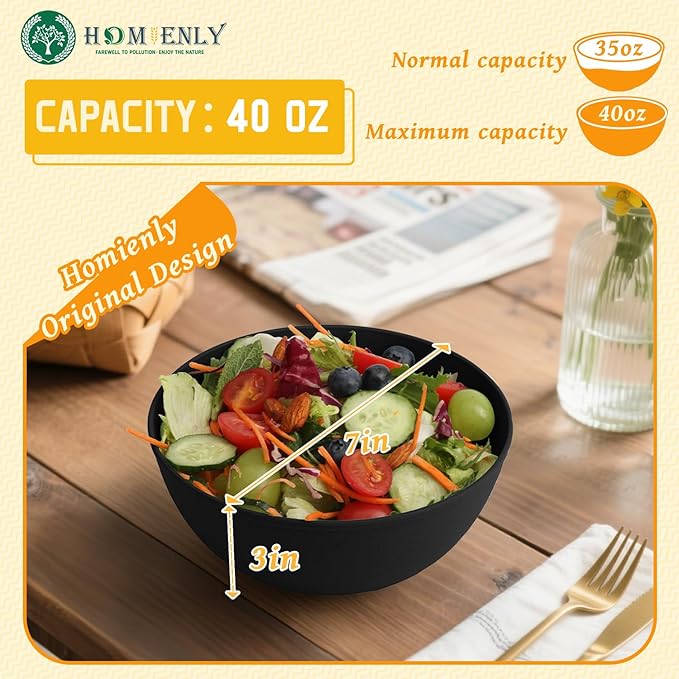 Homienly Wheat Straw Salad Bowls Set of 6, Alternative to Plastic Bowls Reusable, Microwave and Dishwasher Safe Bowl Set, 40 OZ Large Capacity for Cereal, Soup, Popcorn, Ramen, Anti-Slip Texture-Black