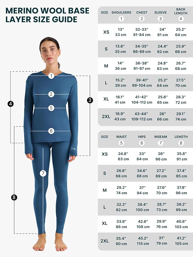 Merino.tech Merino Wool Base Layer Women Set - Heavyweight, Lite, Midweight Merino Thermal Underwear For Women Top, Bottom