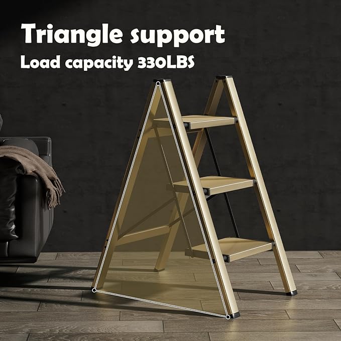 HillhutApex 3 Step Stool, Aluminum Foldable Step Ladder, Lightweight Stable Stool with Wide Non-Slip Pedals, 330lbs Bearing Capacity Ladder for Office,Home,Kitchen - Gold