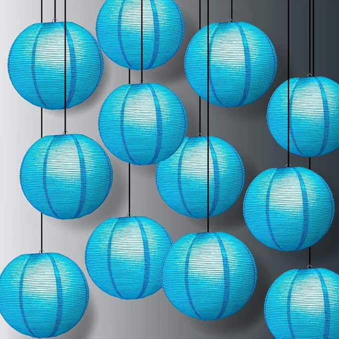Paperlanternstore.com 12 Pack - 12 Inch Turquoise Blue Fine Line Premium Even Ribbing Paper Lantern, Extra Sturdy