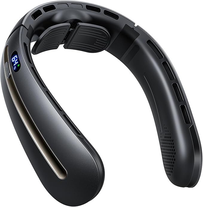 SWEETFULL Neck Fan, 3 Turbo Portable Fans with Neck Support, 4 Speed & LED Display, 5200mAh Rechargeable Personal Fan, Hand-Free Wearable Bladeless Cooler, Gift for Travel Birthday, Men, Women (Black)