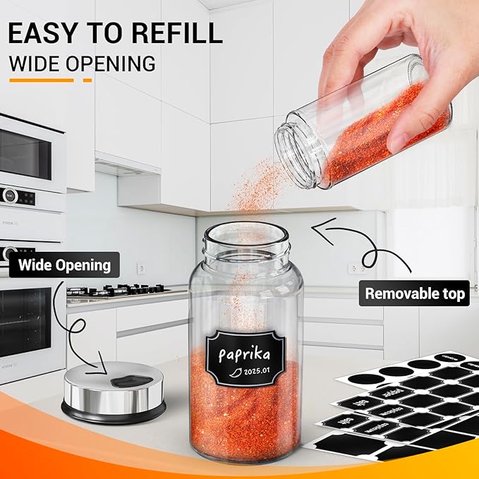 Segarty Glass Spice Jars with Shaker Lid, 6 Pack 6 oz Empty Spice Jar with Labels, Seasoning Containers Spices Bottles Set with 136 Stickers, 1 Chalk Pen, 1 Brush, Salt Pepper Shakers for Kitchen