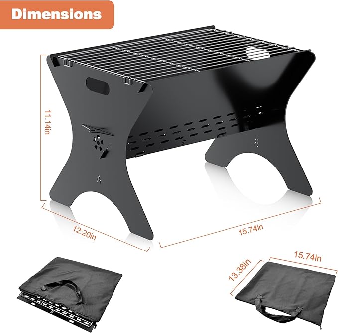Camping Campfire Grill, Portable Folding Charcoal Grills, Backpacking BBQ Grill with Carry Bag, Outdoor Fire pit for Camping, Picnic, Bonfire, Patio, Backyard-16 Inch