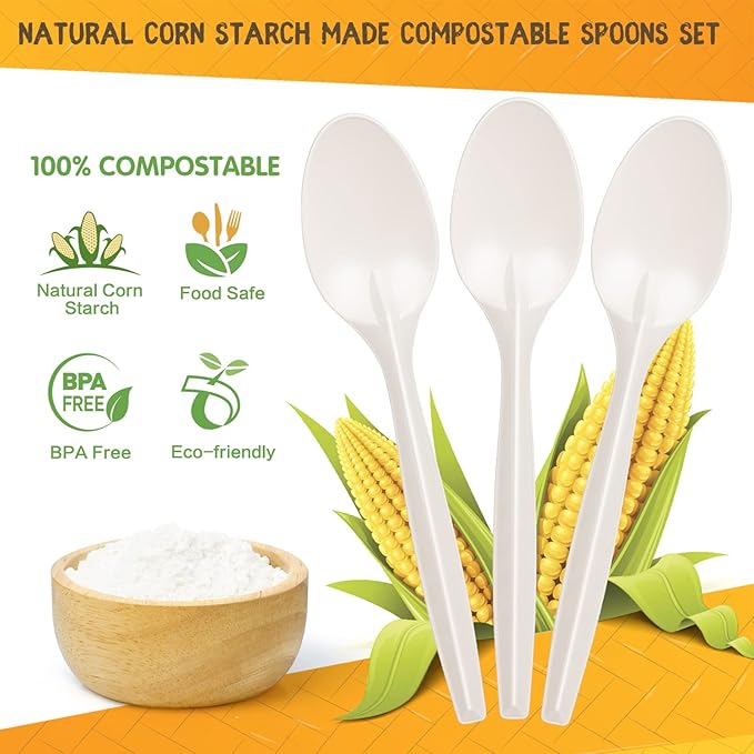 Gezond Compostable Spoons 50 Pack 6.7 Inch Disposable Spoons No Plastic Biodegradable Cutlery Set Heavy-duty for Party Wedding Camping Office Picnic