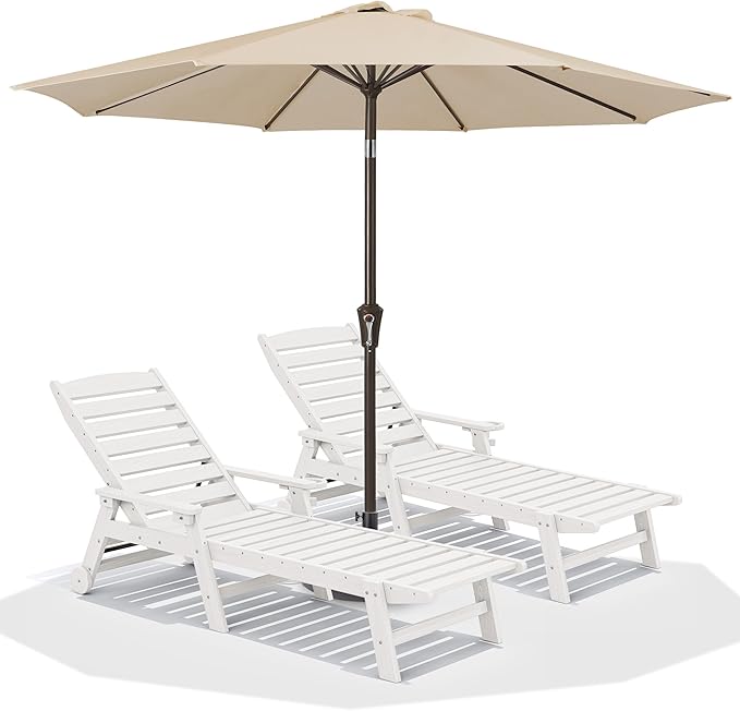SERWALL Patio Chaise Lounge Chair Set of 2 with 9FT Patio Umbrella, 78'' HDPE Outdoor Lounger 5 Positions Adjustable, Poly Lounge Chair with Rolling Wheels & Cup Holder for Pool,Light White
