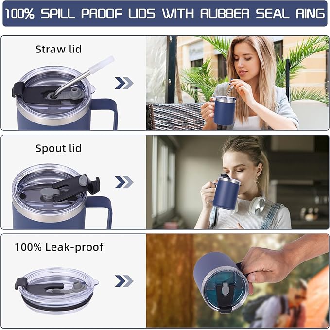 Volhoply 12oz Insulated Leakproof Coffee Mug with Flip & Straw Lid Bulk 4 Pack,Double Wall Vacuum Stainless Steel Travel Tumbler Cup with Handle,Camping Mugs Keep Cold/Hot(Navy,4 Set)