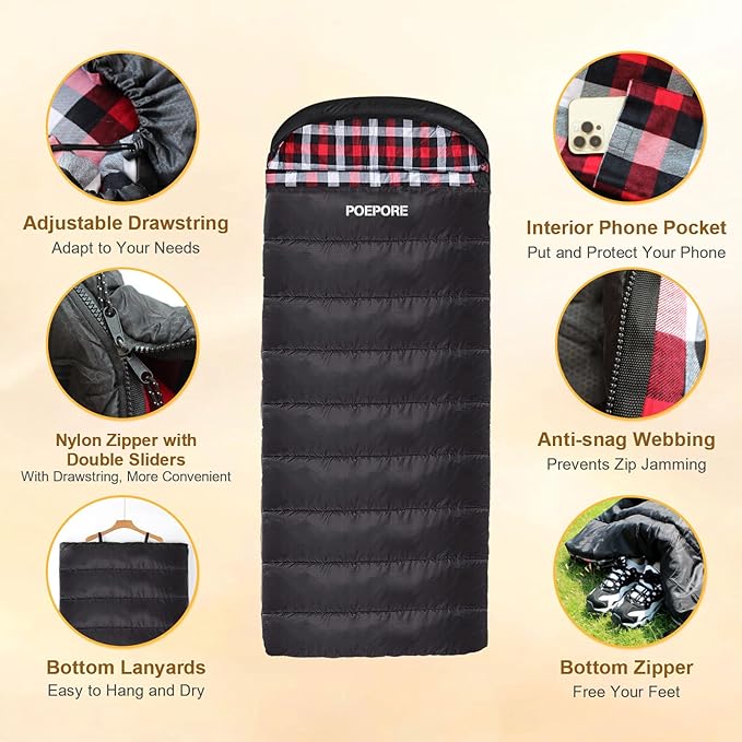 Flannel Sleeping Bag Cotton 0 Degree Cold Weather for Adults XXL Sleeping Bag 4 Season Big and Tall with Compression Sack