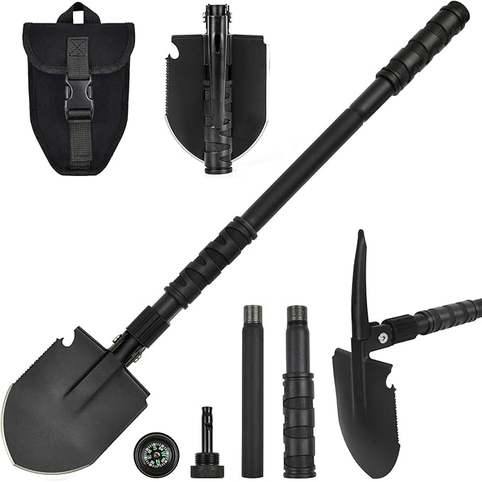 Camping Shovel, (24.21'') Survival Off Road E Tool Folding Shovel with Pickaxe, Portable Bag, High Carbon Steel, for Digging, Backpacking, Hiking, Gardening, Emergency, Outdoor