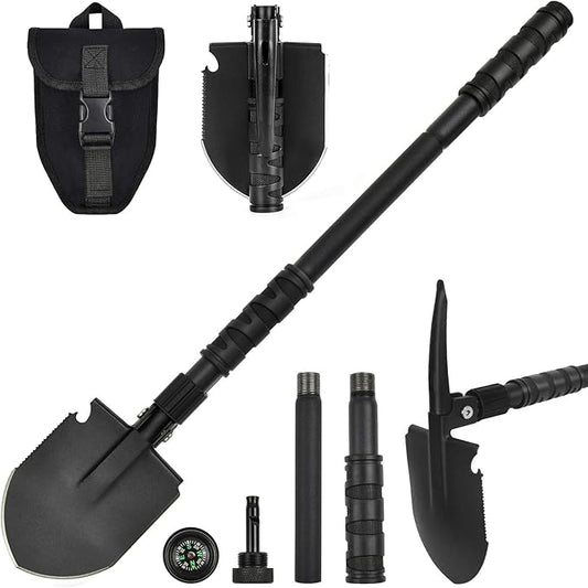Camping Shovel, (24.21'') Survival Off Road E Tool Folding Shovel with Pickaxe, Portable Bag, High Carbon Steel, for Digging, Backpacking, Hiking, Gardening, Emergency, Outdoor