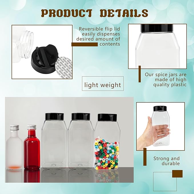 30 Pack 16 oz Plastic Spice Jars with Cap Clear Empty Square Plastic Bottle Containers with Lids Large Empty Powder Storage Container for Storing Spice Seasoning Powders