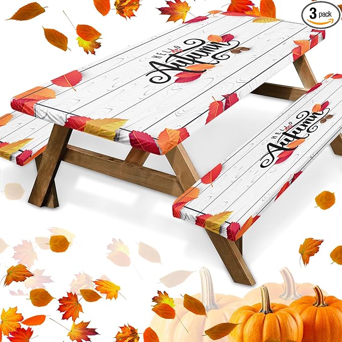 Picnic Table Cover with Bench Covers Elastic Edges, Wooden Fall Fitted Table Cover, Outdoor Patio Camping Essentials 72 Inch 3PCS, Waterproof Camping Fitted Tablecloth with Drawstring Bag