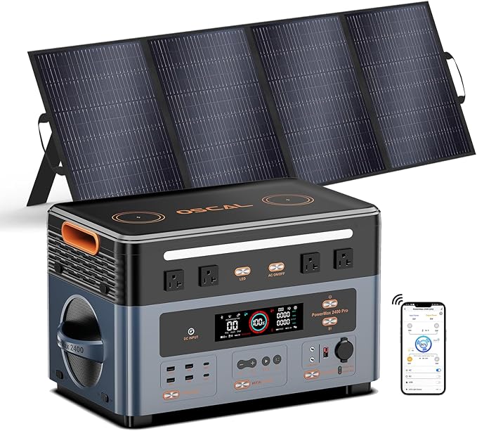 OSCAL 2400W Power Station with 400W Solar Panel PowerMax 2400, 1872Wh Solar Generator with 4 AC Outlets (5000W Peak), Fast Charging, APP Control Battery Backup for Home, Camping & RVs