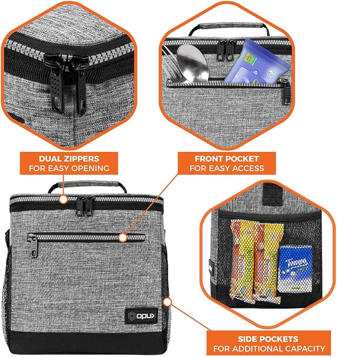 opux Extra Large Insulated Lunch Box Men Women, Lunch Bag for Work, Leakproof Soft Cooler Tote Adult, Lunch Pail, Picnic Beach Collapsible Food Bag with Shoulder Strap, Heather Grey