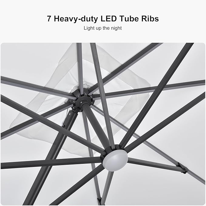 PURPLE LEAF 10 Feet Patio Umbrella with Base Outdoor Cantilever Solar Powered LED Square Umbrella Aluminum Offset Umbrella with 360-degree Rotation for Garden Deck Pool Patio White