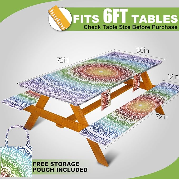 Picnic Table Cover with Bench Covers Vinyl Elastic Edges Fitted Rectangle Seat Tables Waterproof 3-Piece72X30in Set Outdoor Rectangular Folding Backing Tablecloth for Camping Over SizeTie-Dye103