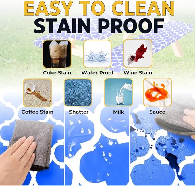 RNOONY 6ft Vinyl Picnic Table Cover with Bench Covers with Carrying Bag, Camping Essentials Tablecloth Waterproof and Windproof with Elastic Edge. Perfect for Indoors and Outdoors Blue 72x30 inches