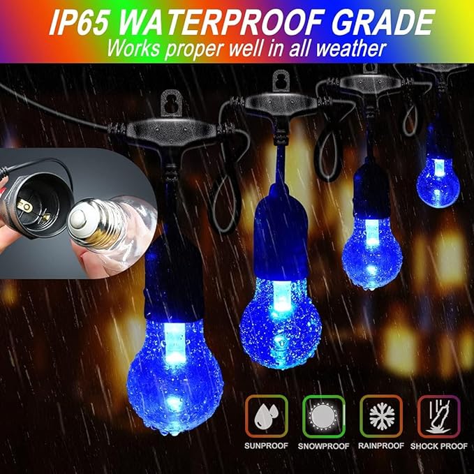 Auroraworld Outdoor Patio Lights Color Changing,48FT RGB LED String Lights with E26 Shatterproof Edison Bulbs, Dimmable Patio String Lights for Bistro Backyard Garden, 1 Remote Controllers