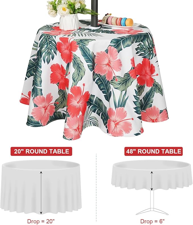 SquarePie Round Outdoor Talecloth, 60'' Waterproof Spill Proof Patio Table Cloth Cover with Umbrella Hole and Zipper for Spring Summer Party Picnic,Palm Leaf Red Flower