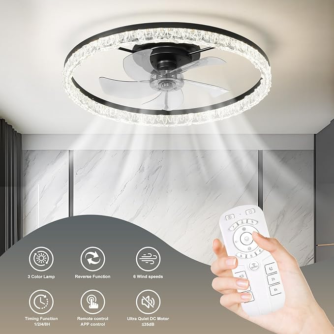 Ceiling Fans with Lights, 24 Inch Ceiling Fan with Light and Remote, Low Profile Reversible Fandelier Ceiling Fan, Dimmable LED, Flush Mount, Low Noise DC Motor, for Bedroom, Kitchen, Office