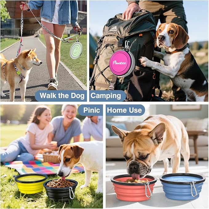 Pawaboo Collapsible Dog Bowls 2 Pack, Silicone Feeding Watering Bowls with Lids & Carabiners for Dogs Cats, Portable Water Feeder Food Bowl for Walking Traveling Home Use, 1000ml, Blue + Grey