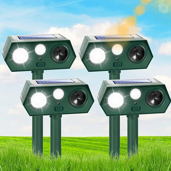 4Pack Solar Ultrasonic Animal Repellent Cat Repellent Outdoor Deer Repellent Devices Motion Detection with LED Flash Light Waterproof Squirrel Mouse Raccoon Dog Bird Repellent for Yard