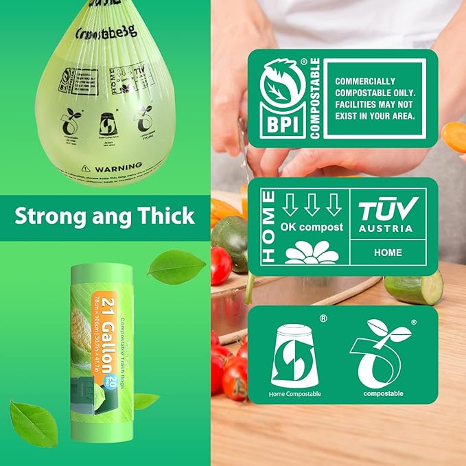 Compostable Trash Bags 21 gallon,20 Count,Extra Thick 1.28 Mills,Fits13-25 gallon trash can, Extra Strong and thick,Compostable Lawn & Leaf Yard Waste bags,ASTM D6400,Bpi Certified