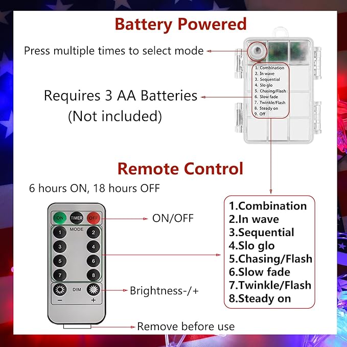 4th of July Decorations Rose Fairy Lights, 30 LED Red White Blue Rose String Lights with Remote Control Patriotic Lights for Memorial Day, Independence Day, Christmas Decor (Rose)
